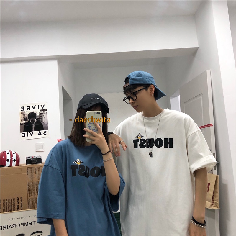 Áo thun tay ngắn cổ tròn dáng rộng in chữ thời trang Hàn Quốc cho nam nữ