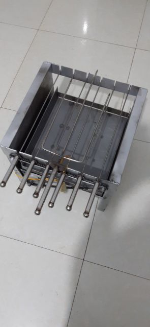 Máy nướng thịt chả quay gà vịt tự động bằng inox 6 xiên (6 xiên đơn + 1 xiên 3) - Bếp nướng than hoa