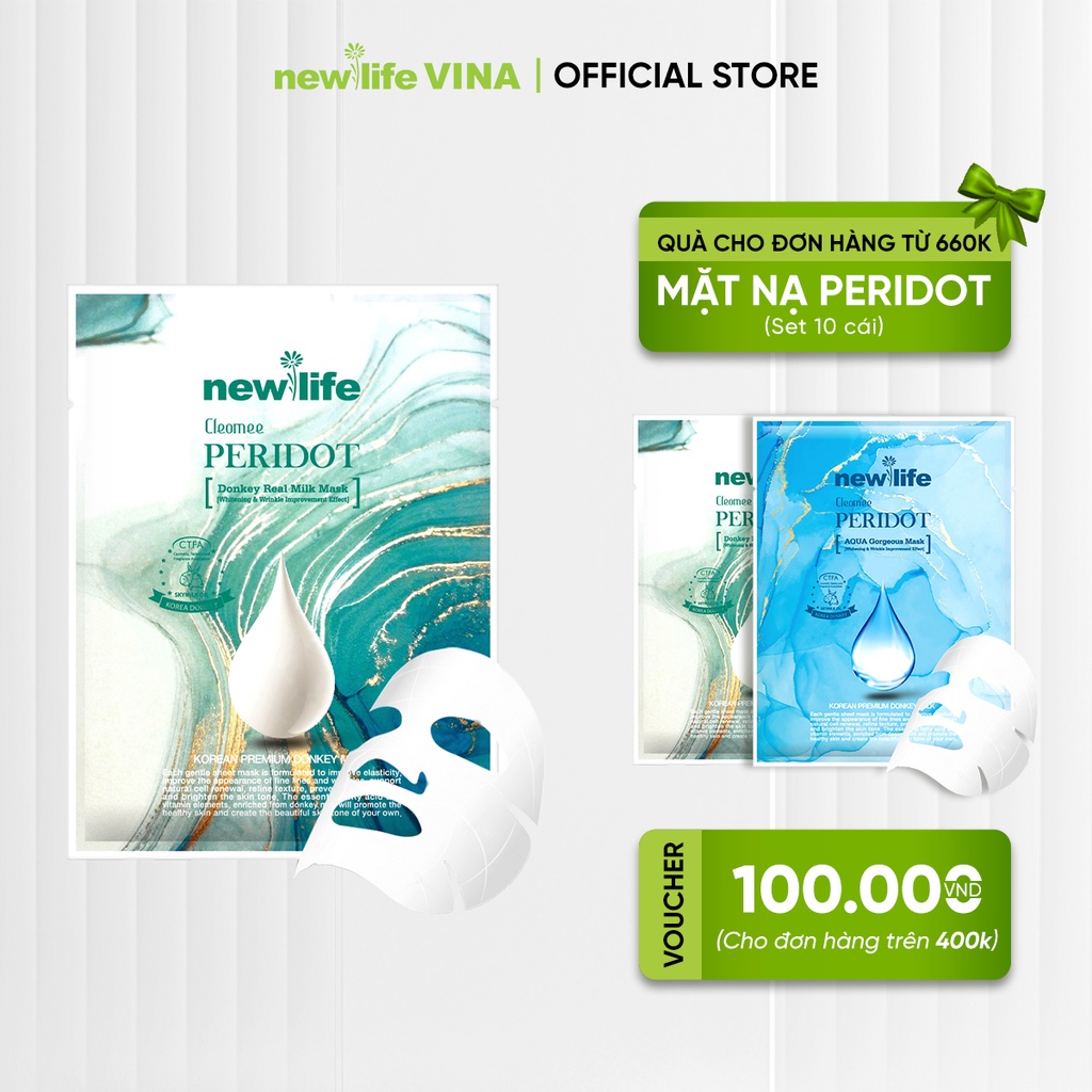 Mặt Nạ Dưỡng Trắng Newlife Cleomee Peridot Donkey Real Milk 10 Miếng