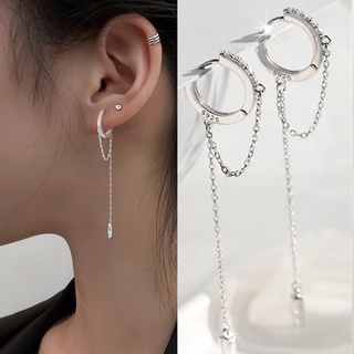Bông Tai Chuỗi Hạt Tròn Phối Tua Rua Mạ Bạc 925 Phong Cách Hip Hop Thời Trang Cho Nữ