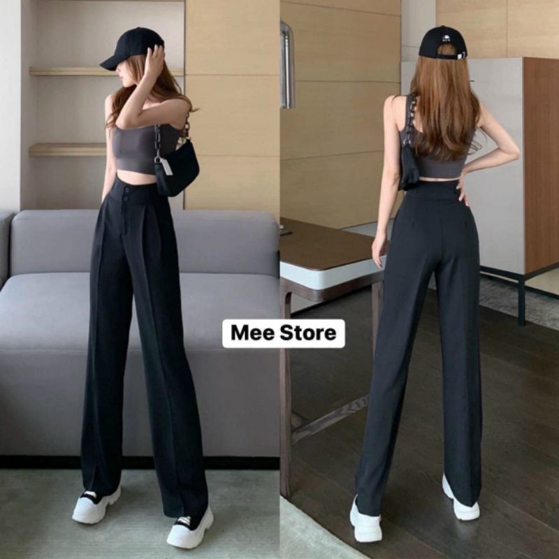 quần tây ống rộng[442] dáng suông đứng cạp khóa bản to 2 cúc  không dãn lưng cao quần dài 100cm đen ,trắng [THUXINHSHOP]