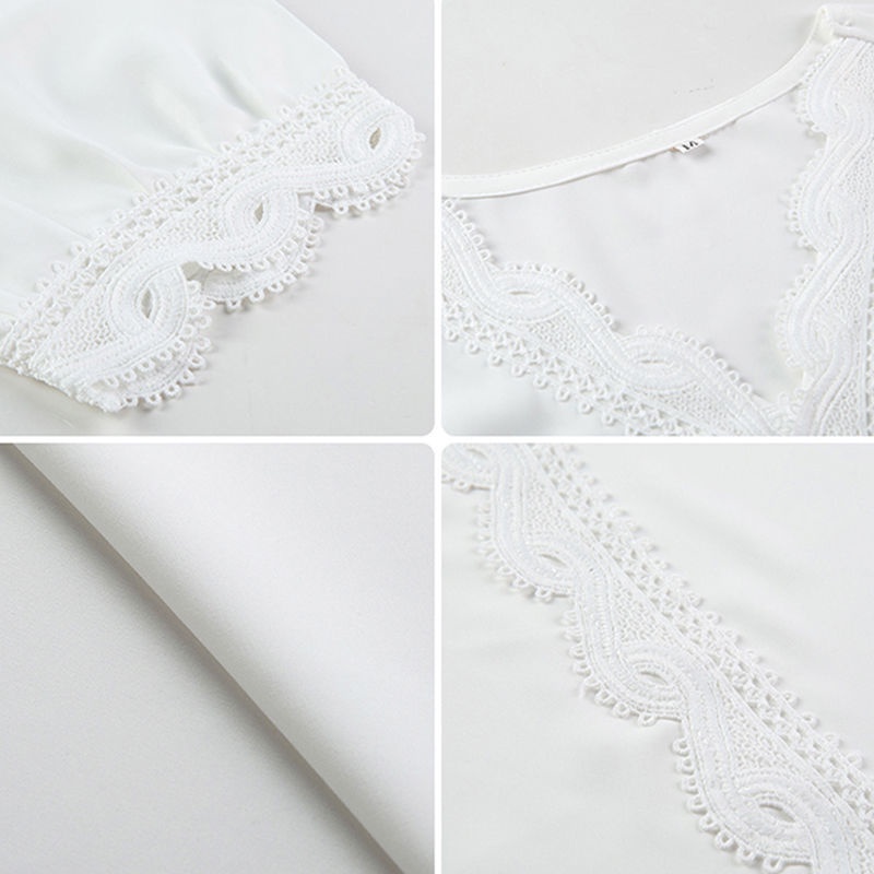Áo Sơ Mi Trơn Ngắn Tay 161410 Áo Sơ Mi Chiffon Cổ Chữ v Dáng Rộng Phối Ren Phong Cách Phương Tây