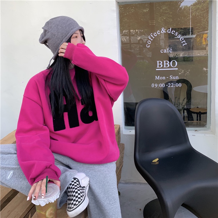 Áo nỉ thêu chữ phong cách đường phố Mỹ thời trang tay dài cổ tròn dáng rộng