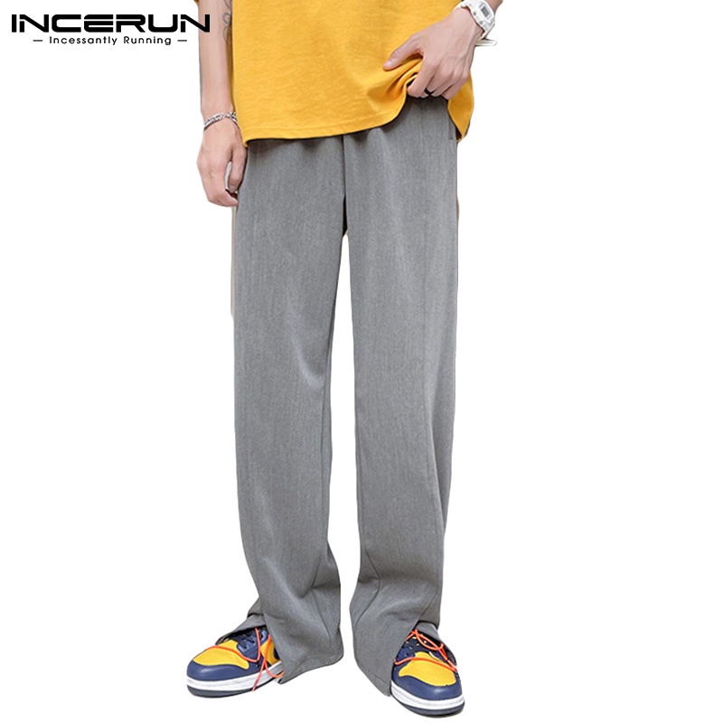 Quần INCERUN ống rộng thẳng lưng co giãn màu trơn thời trang cho nam