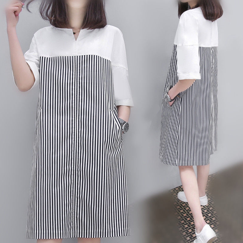 dress short sleeve V-neck stripe fashion Loose plus size Leisure Korean clothes
