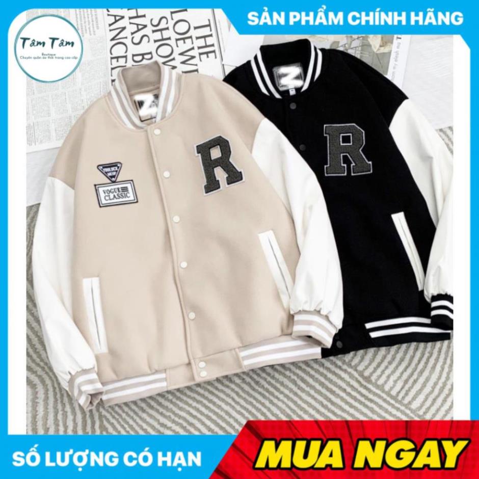 [Sale], Áo Khoác Bomber Varsity Jacket Bóng Chày Thêu Chữ 𝐑 Chất Da Lộn Lót Dù  Form Rộng Basic Nam Nữ Unisex.