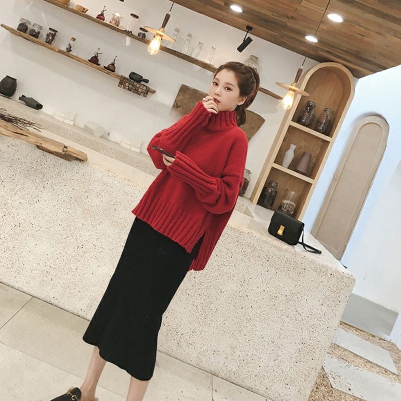 Áo Sweater Cổ Cao Xẻ Tà Màu Đỏ Phong Cách Hàn Quốc Thời Trang Thu Đông Mới Cho Nữ