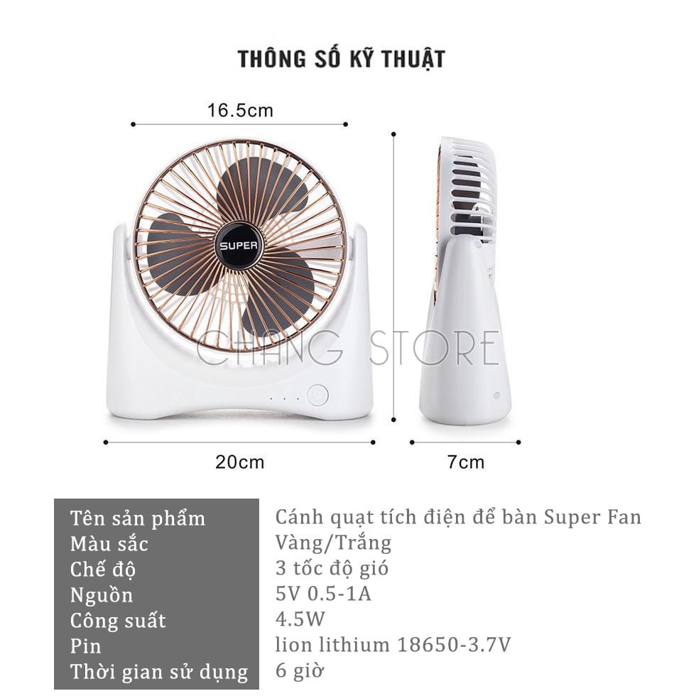Quạt mini tích điện để bàn, động cơ không tiếng ồn, xoay linh hoạt 210 độ, cổng sạc USB,