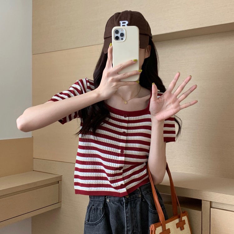 Áo Thun Dệt Kim Tay Ngắn Cổ Vuông Họa Tiết Kẻ Sọc Dáng Ôm Thời Trang Mùa Hè Xinh Xắn Cho Nữ