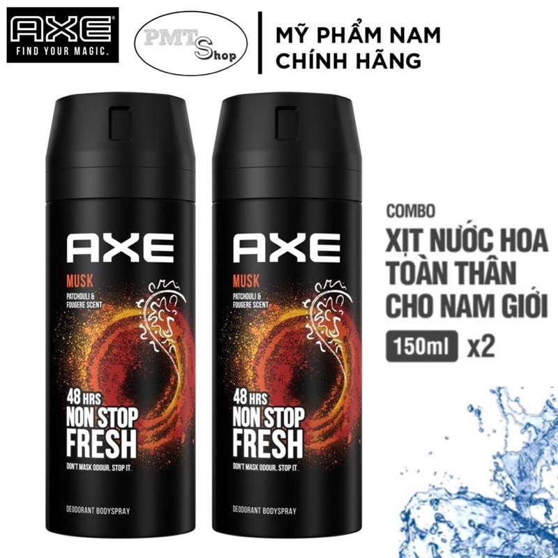 Combo 2 Xịt khử mùi toàn thân nam AXE Musk 150ml x 2 chai hương nước hoa