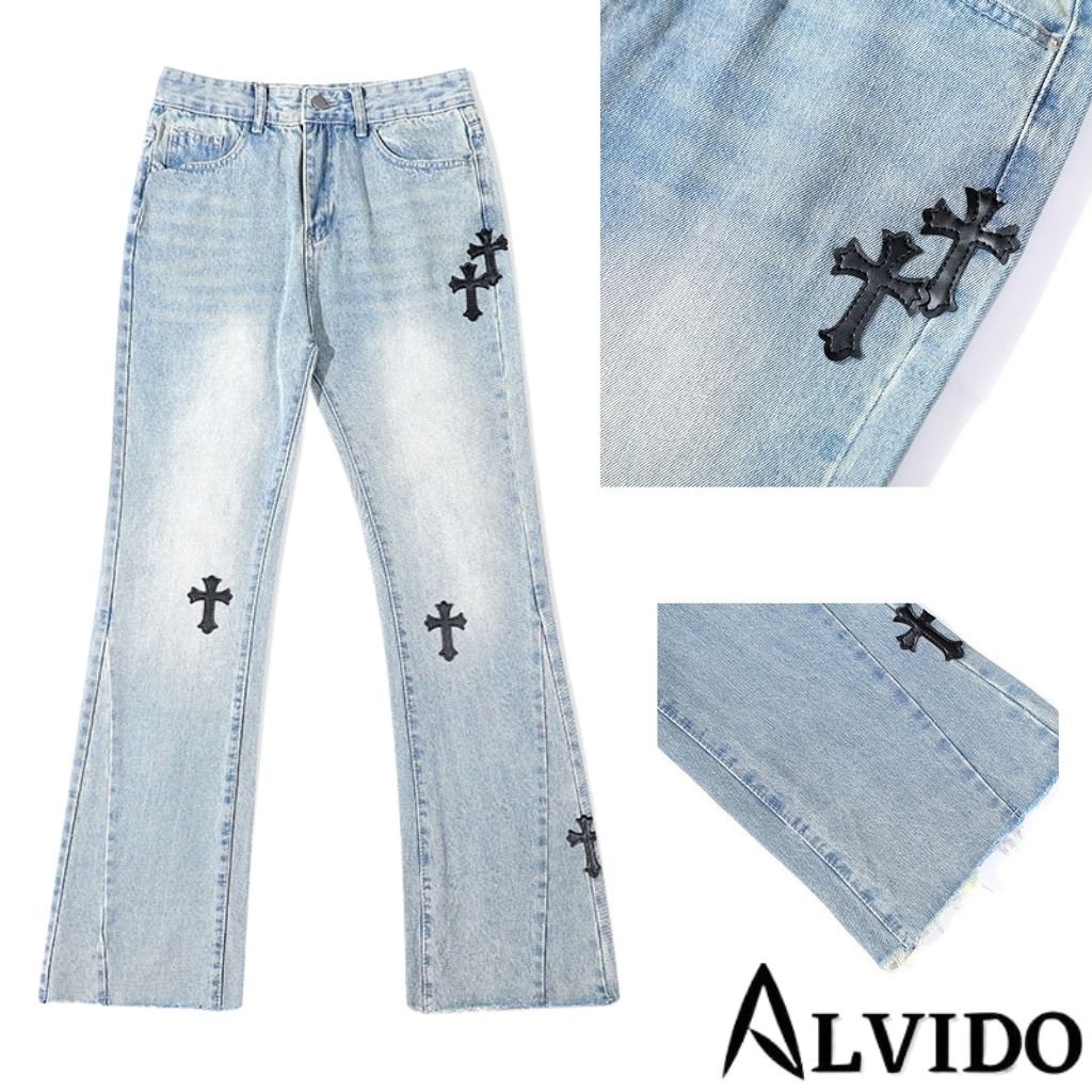 Quần jean nam Unisex quần thêu chữ Thập ALVIDO kiểu ống rộng dáng suông chất bò