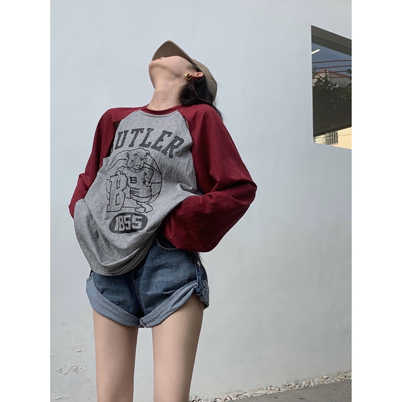 Áo Thun Tay Dài Dáng Rộng In Họa Tiết Màu Sắc Tương Phản Phong Cách Hàn Quốc Thời Trang Mùa