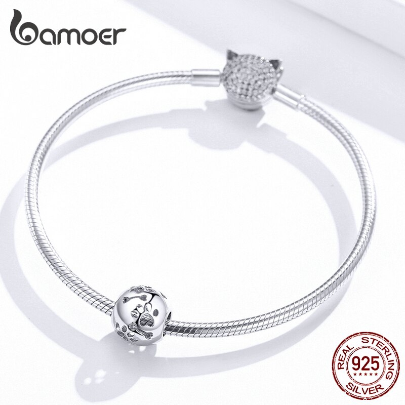 Hạt Phụ Kiện Tròn Bamoer BSC140 Khoét Rỗng Họa Tiết Dấu Chân Thú Cưng Tự Làm Vòng Tay Thời Trang