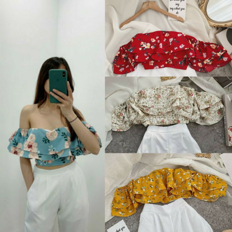 [Corn9] SET CROP BẸT VAI HOA + Quần SUÔNG TRẮNG