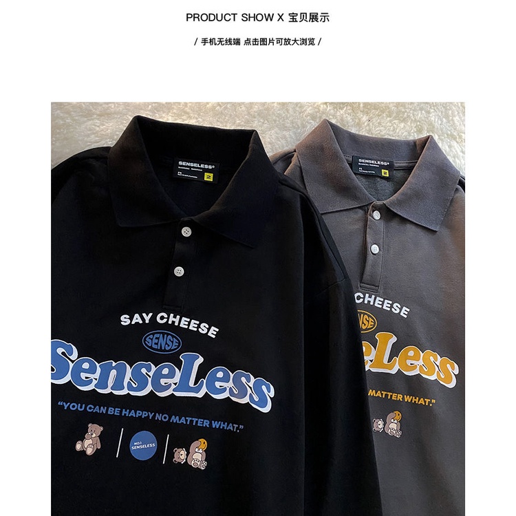 Japanese Retro Cartoon Bear Print Loose Long-sleeved Polo Shirt | BigBuy360 - bigbuy360.vn