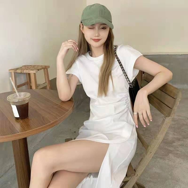 Đầm nữ IELGY tay ngắn dáng ôm màu trơn xẻ tà thời trang Hàn Quốc