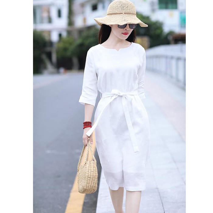 Đầm suông linen tay lỡ màu trắng đai rời, chất vải linen mềm mát, thời trang phong cách Hàn Quốc