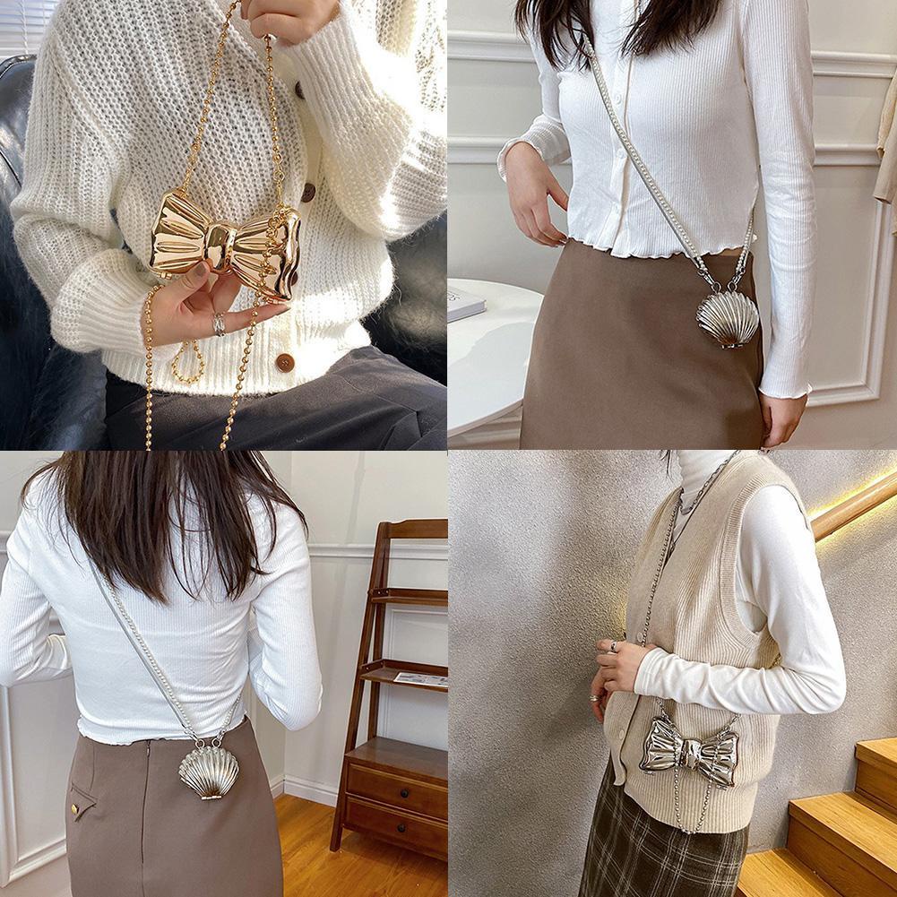 Túi đeo vai mini hình nơ kim loại W2F3 B5E1 màu bạc/vàng I9X6 thời trang cho nữ