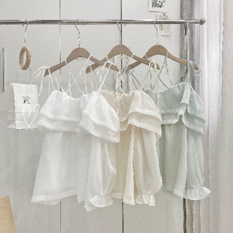 Áo trễ vai tơ tầng 2 lớp xoè rộng tơ lụa ovanga xịn l1 quảng châu