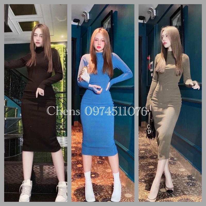 Váy Body Dài Tay Xỏ Ngón - Chất Len Tăm Cao Cổ Xẻ Sau Siêu Sang Tôn Dáng