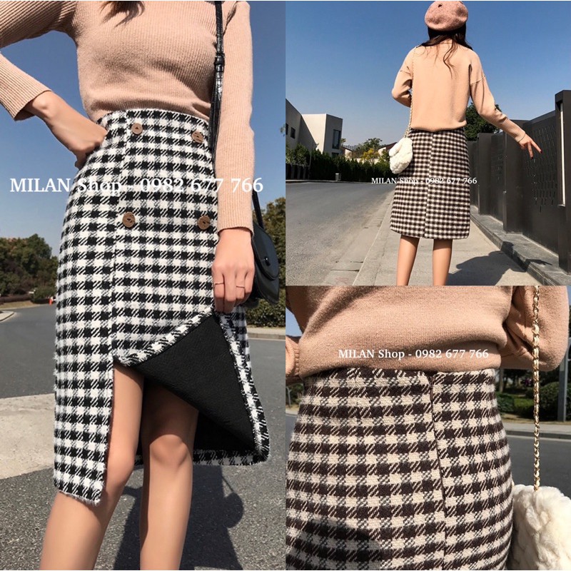 Chân váy dạ dài qua gối kẻ caro 4 khuy thời trang | BigBuy360 - bigbuy360.vn