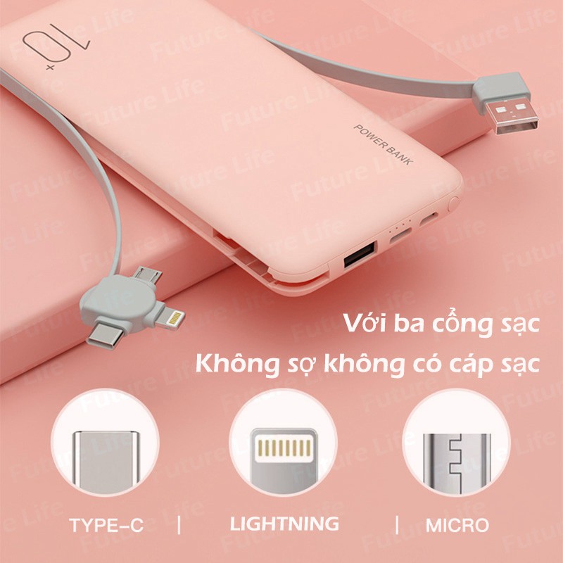 Sạc Dự Phòng 10000mAh Kết Cấu Vỏ Nhám Màu Macaron Hỗ Trợ Sạc 3 Thiết Bị Cùng Lúc