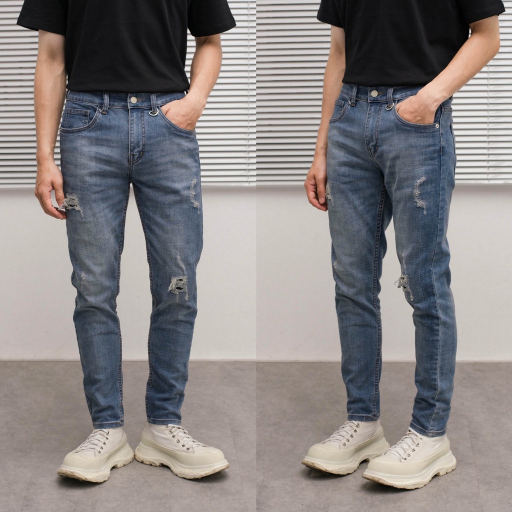 Quần jeans xanh mài rách dáng skinny ôm SS22 21ST URBAN Ripped Blue Skinny Klaus Jeans