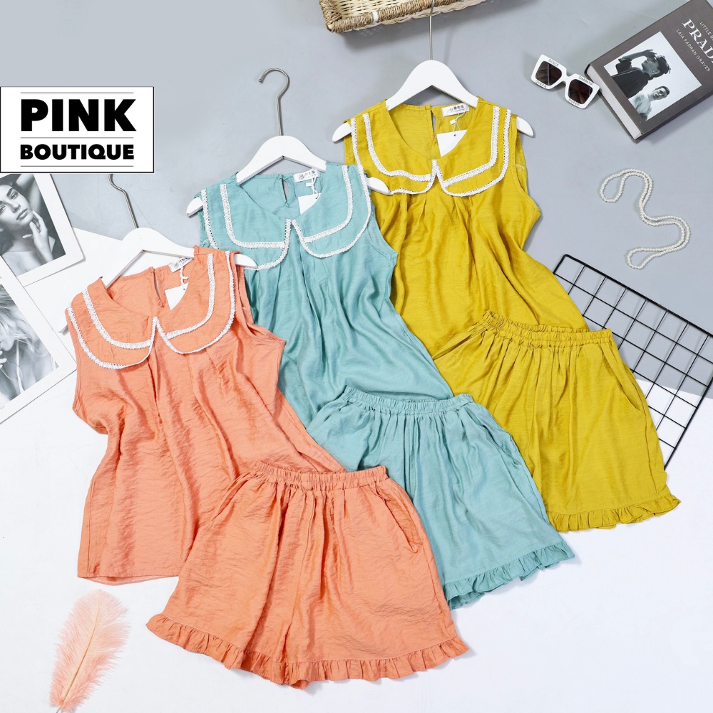 [Mã SKAMFSW175 giảm 10K đơn 50K] Đồ Bộ Nữ Đũi Mặc Nhà Mùa Hè Dễ Thương Cổ Sen Viền Ren Quần Short Thiết Kế PINKBOUTIQUE