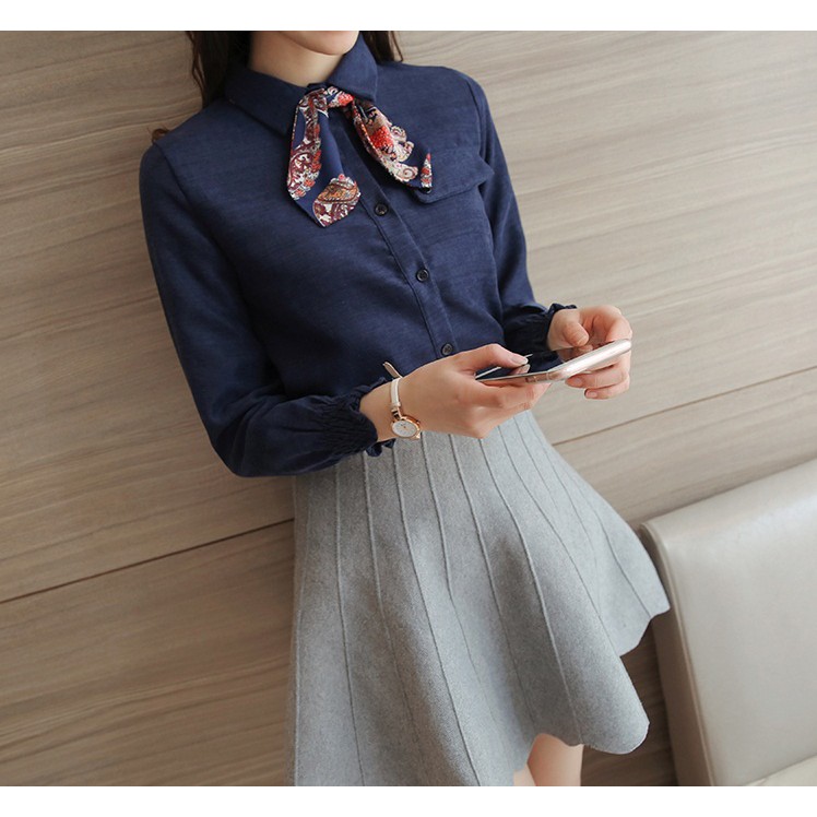 Áo sơ mi nữ kèm nơ xinh xắn- AO-011