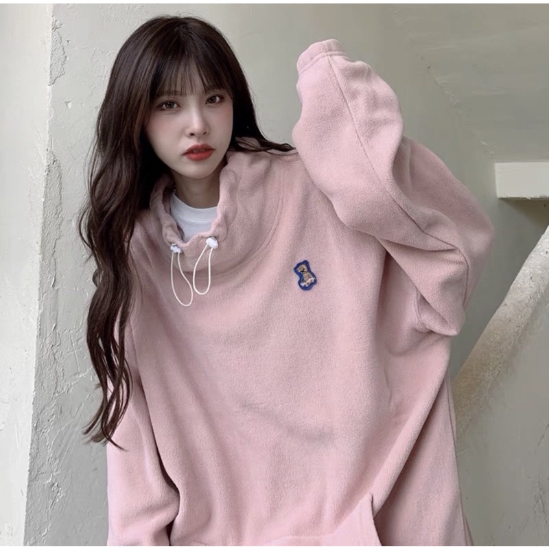 Áo Sweater Nỉ Bông Cổ Lọ Thu Đông Ulzzang Hàn Quốc Siêu Dày Dặn Ấm Áp Màu Hồng Pastel Và Trắng Kem