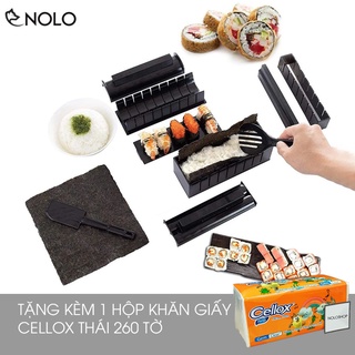 Bộ Dụng Cụ Khuôn Làm Sushi Cơm Cuộn Kimbap 10 Món Chất Liệu Nhựa PP Thực Phẩm Tặng Kèm 1 Hộp Khăn GIấy Cellox 260 Tờ