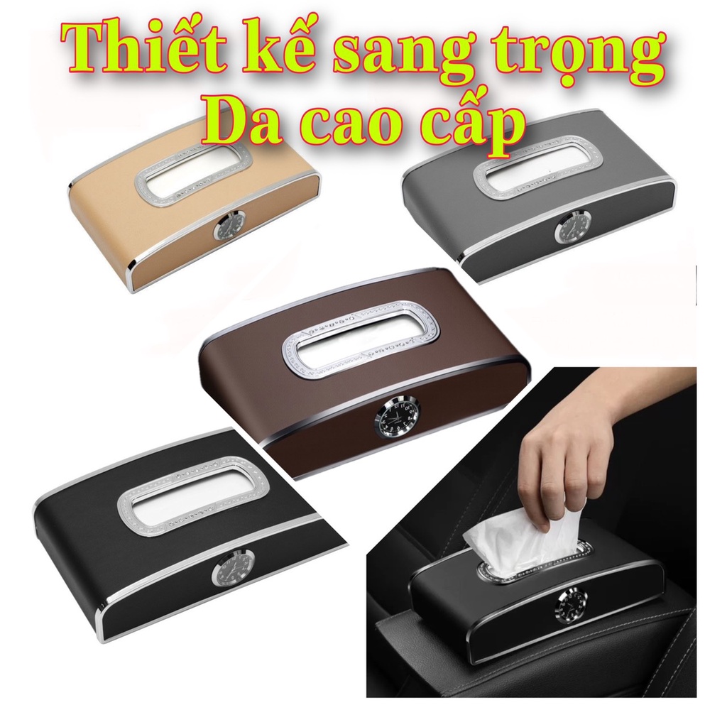 Hộp Đựng Khăn Giấy Da Cao Cấp Kèm Đồng Hồ Và Bảng Số Điện Thoại Dùng Trên Ô Tô Xe Hơi