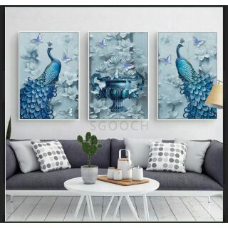 Tranh canvas chim khổng tước và bình hoa xanh 40x60