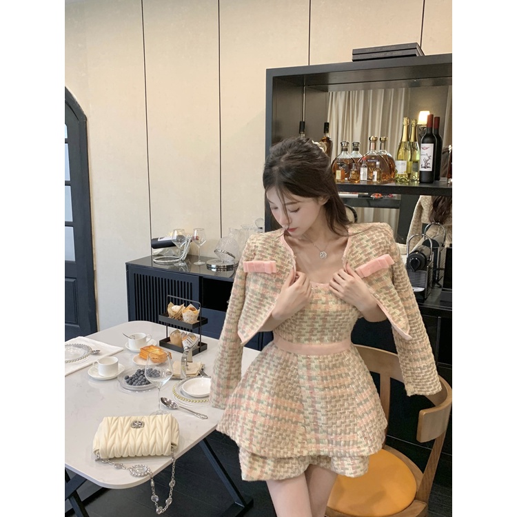 Set đồ nữ phong cách tiểu thư sang chảnh hàng Quảng Châu cao cấp đầu xu hướng áo khoác dạ phối váy dáng chữ A