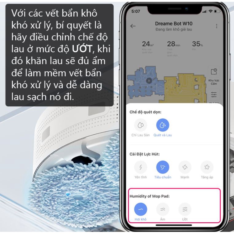 Robot hút bụi lau nhà tự giặt giẻ sấy khô Dreame Bot W10 - Bản Quốc Tế - Bảo hành chính hãng 12 tháng