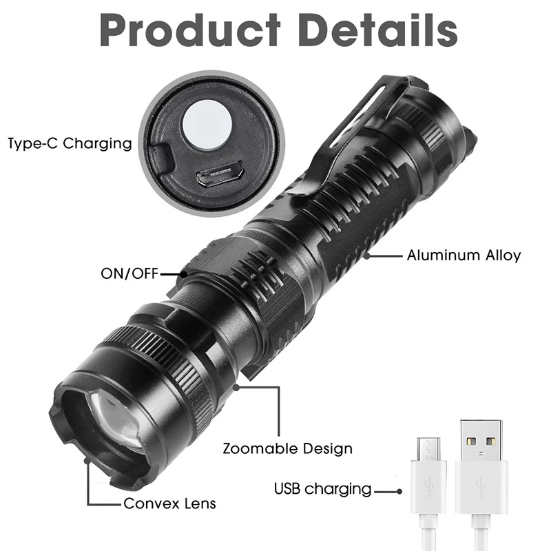 Đèn Pin Chống Nước Siêu Sáng 3/8W Có Thể Sạc Lại Tiện Dụng