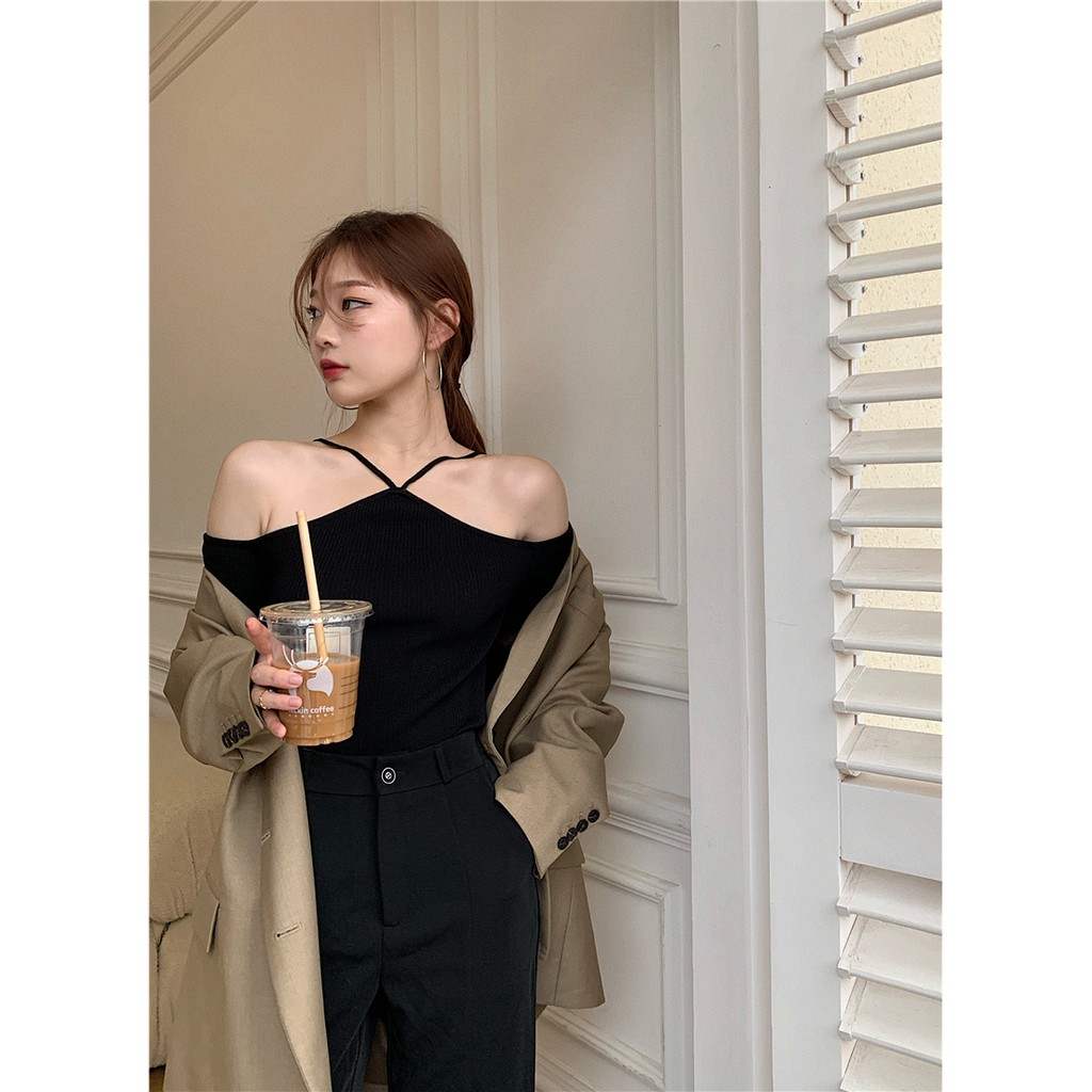 Porozi  Áo sweater dệt kim cổ yếm phong cách Hàn Quốc dành cho nữ