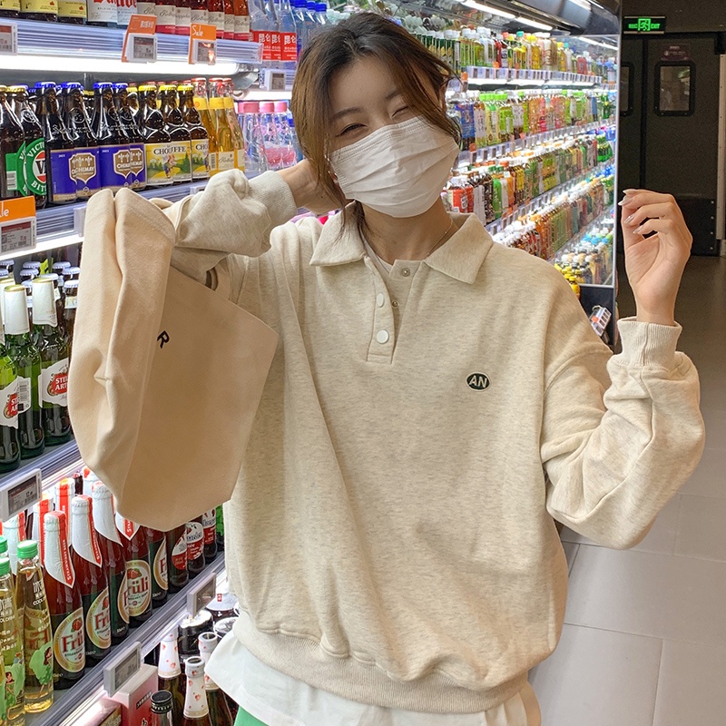 SUXI Áo nỉ dài tay dáng rộng thêu họa tiết phong cách mới thời trang thu đông cho nữ