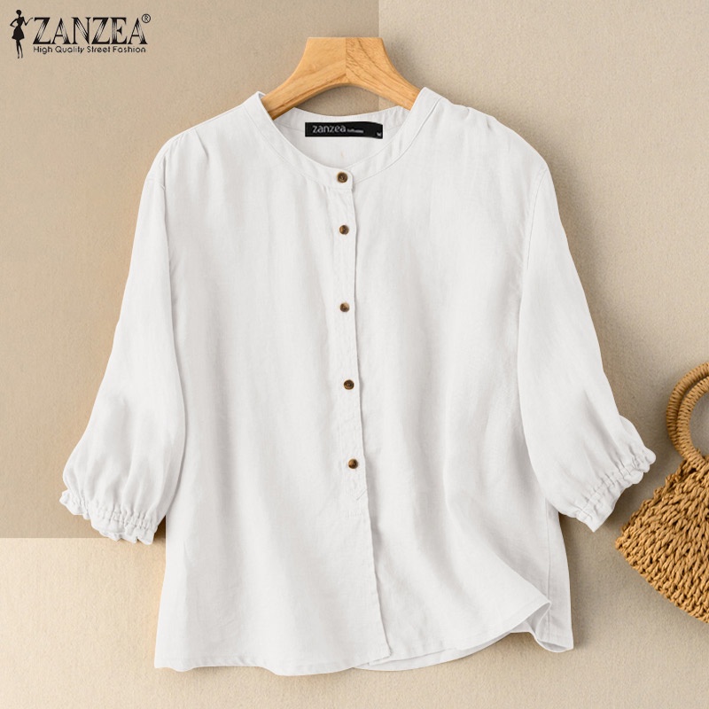 ZANZEA Áo Kiểu Tay Lỡ 3 / 4 Cổ Tròn Màu Trơn Cài Nút Đơn Giản Thời Trang Cho Nữ