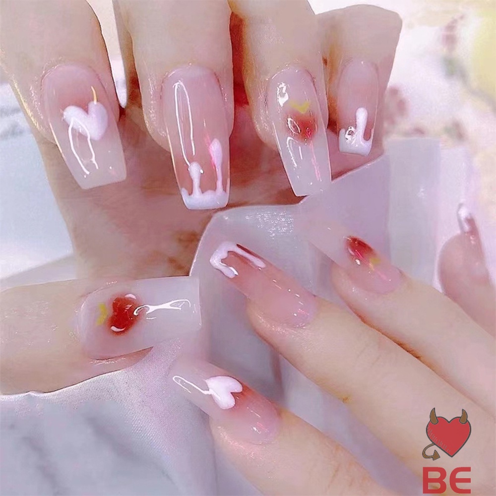 Set 24 móng tay giả YADORNOS trong suốt họa tiết trái tim đỏ dễ thương chống rơi dùng cho nữ/ bé gái