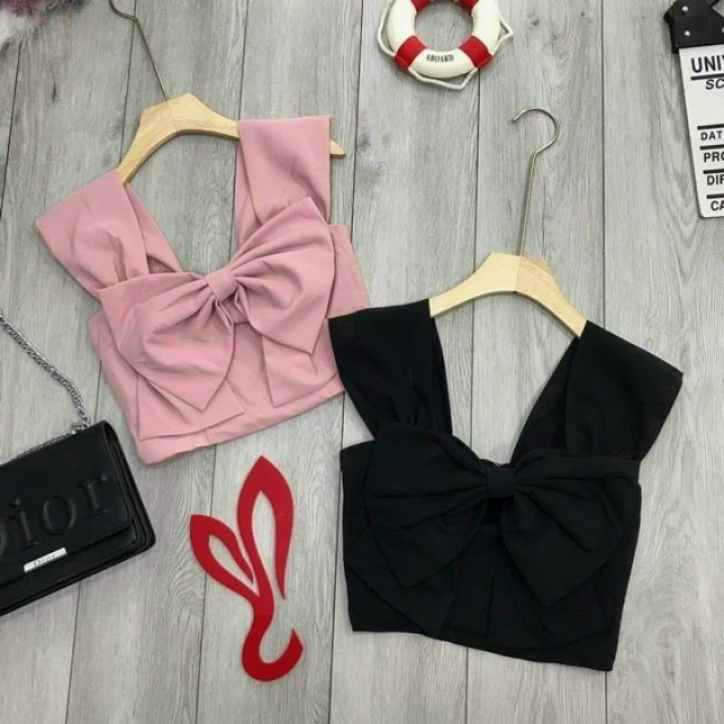 ÁO croptop tiểu thư NƠ TO TRƯỚC NGỰC,chất kate lụa DÂY BẢN PHỐI LƯNG NHÚNG sau lưng thời trang hàn