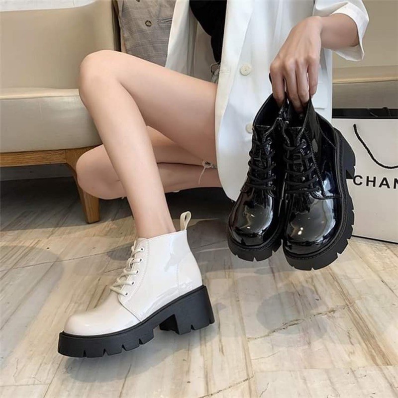 Giày combat trắng da bóng đế cao 6cm