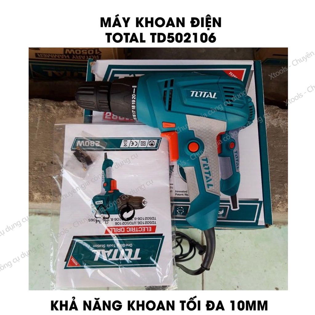 Máy khoan cầm tay TOTAL TD502106 công suất 280w, tốc độ750 rpm khả năng khoan 10 mm, đầu khoan tự động: 10mm, điện áp 22