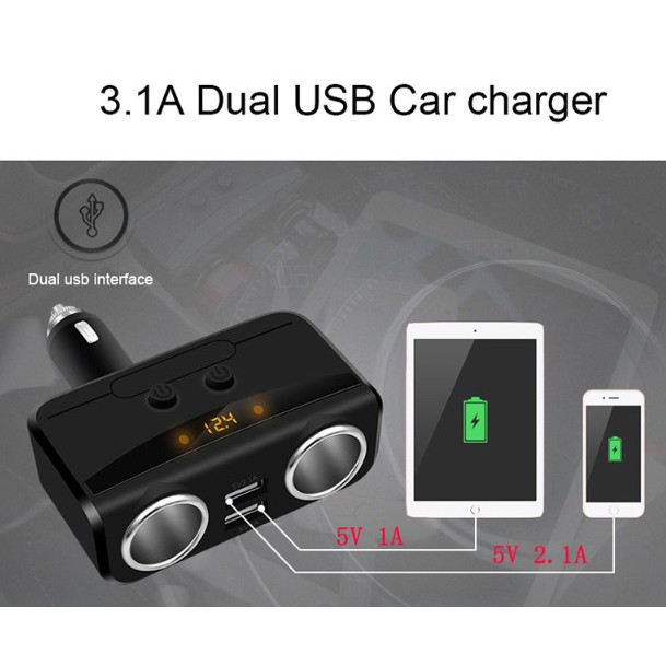 Bộ chia tẩu sạc xe hơi cao cấp hàng hiệu 2 tẩu,2 cổng USB sạc nhanh