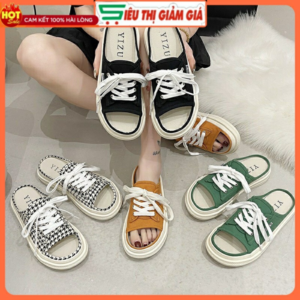 Giày sục thể thao hở mũi đen và kẻ caro-chất canvas đế cao 3cm siêu xinh