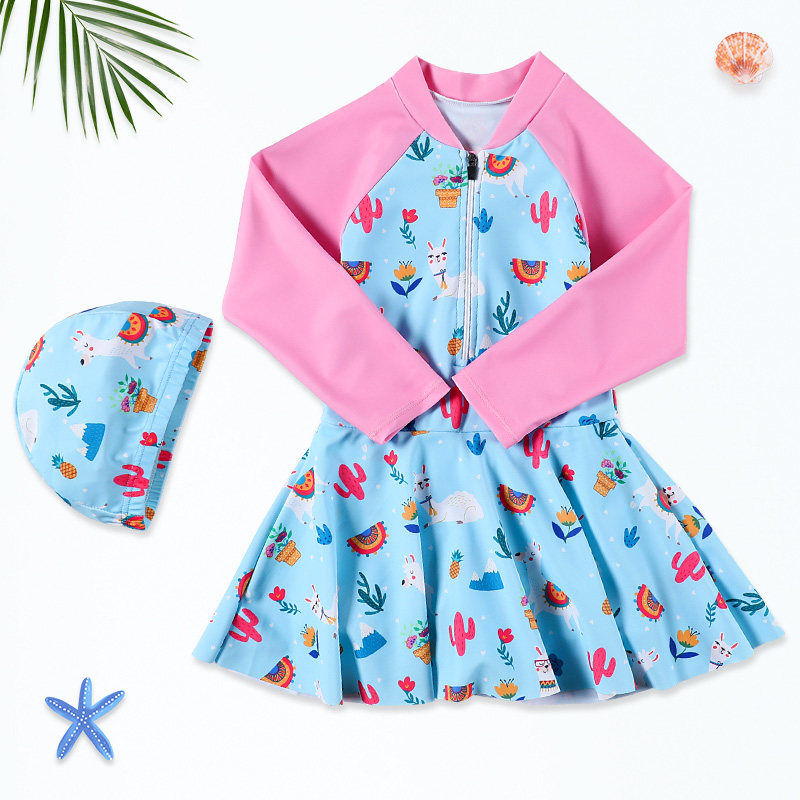 Girls Swimwear Long Sleeve Korean Lovely One-piece skirt for beach