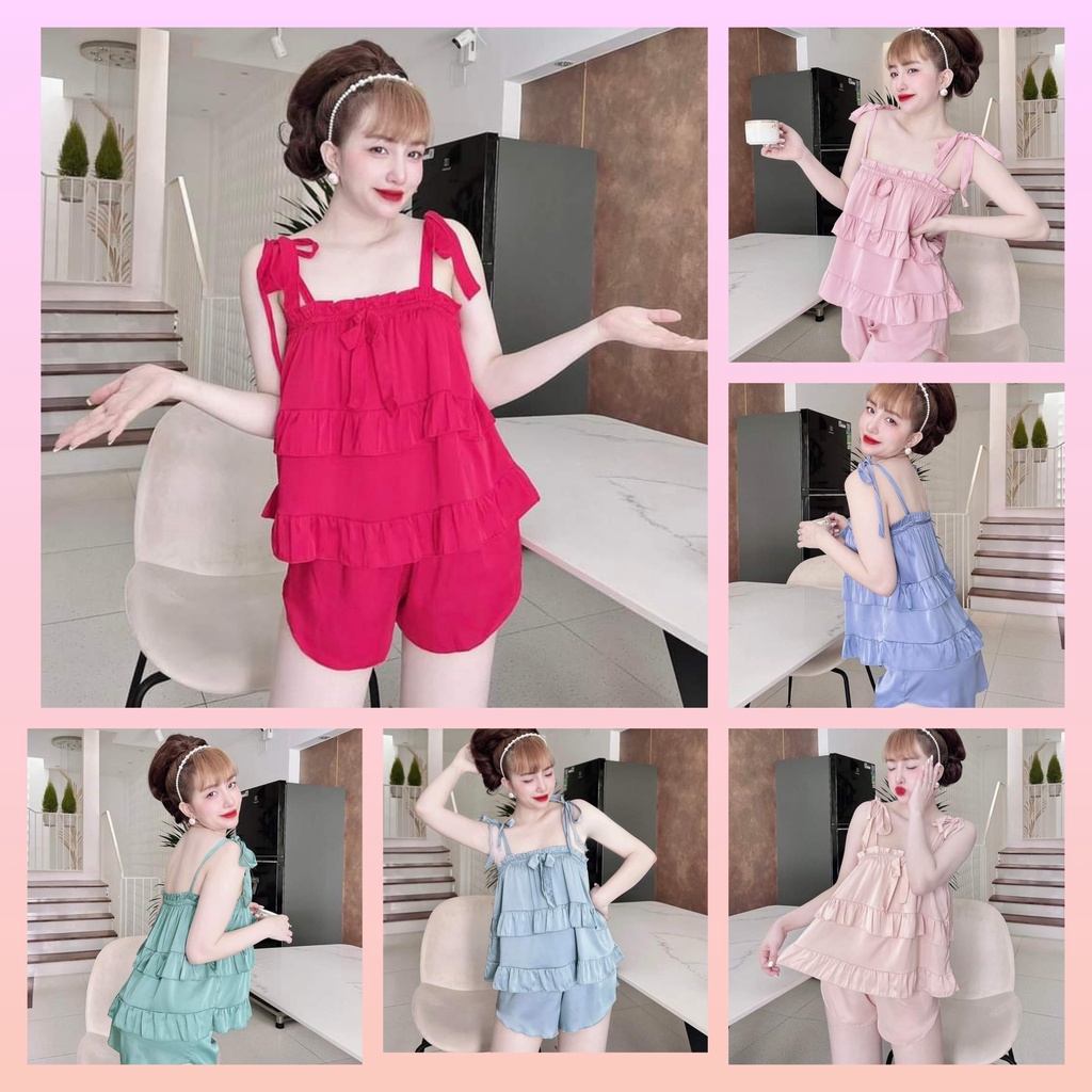 Đồ ngủ sexy nữ, Bộ đồ ngủ hai dây, Bộ ngủ đùi satin loại một mềm mịn mát - cn59