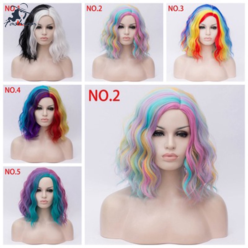 FF Women Short Curly Hair Wigs Heat Resistant Fibre Multicolor Rainbow Wigs