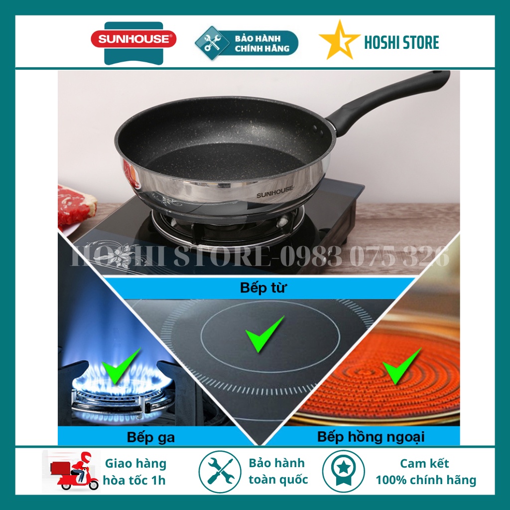 Chảo inox 5 đáy chống dính cao cấp Sunhouse INM4, đáy từ dùng cho mọi loại bếp, đủ size từ 16cm-28cm
