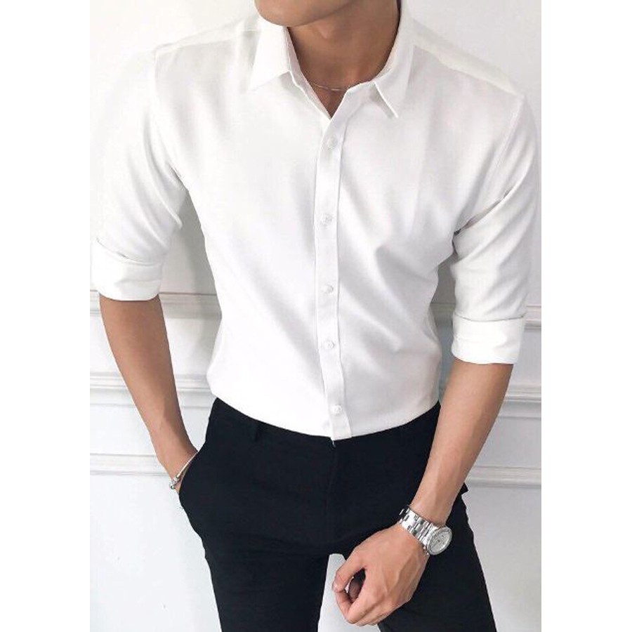 Áo Sơ Mi Trắng Nam Kiểu Dáng Cổ Bẻ Trẻ Trung Chất Vải Lụa Mịn Chống Nhăn Phong Cách